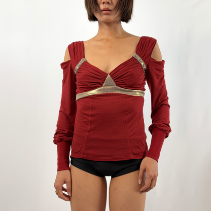 Costume National C'N'C ITTIERRE S.p.A. Vintage 2000's wine red and silver studded open shoulder ruching top