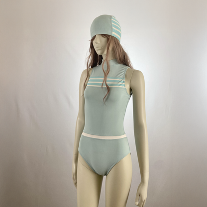 Courreges aqua blue mock neck open back one-piece swimsuit and cap set