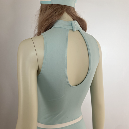 Courreges aqua blue mock neck open back one-piece swimsuit and cap set