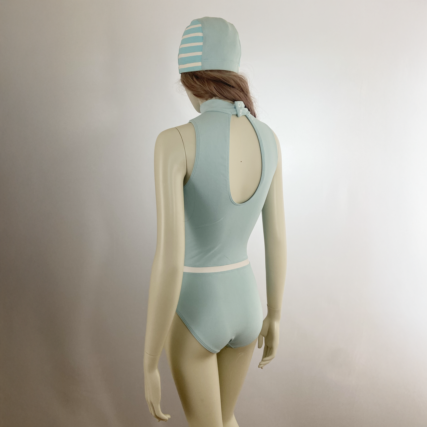 Courreges aqua blue mock neck open back one-piece swimsuit and cap set