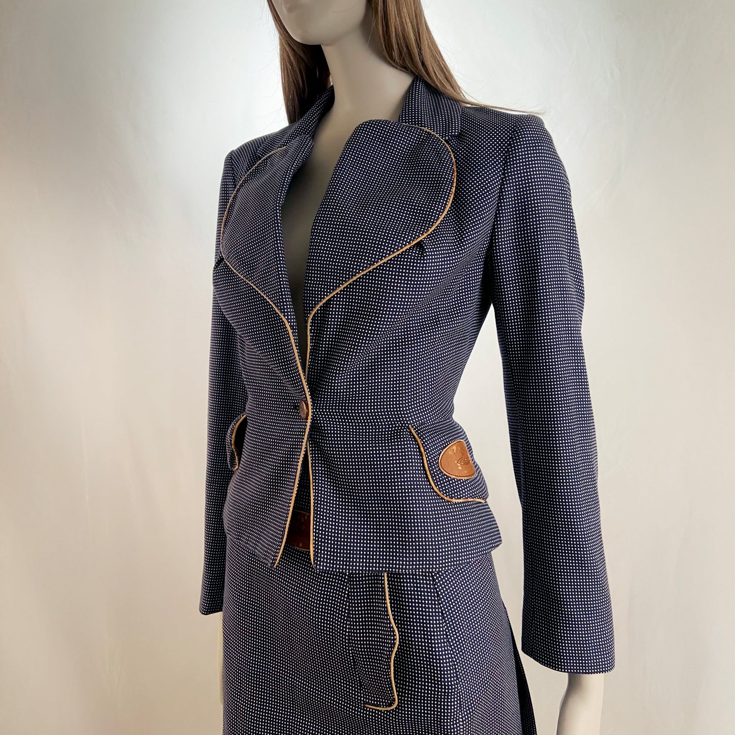 Vivienne Westwood dark blue Heart lapel tweed skirt suit