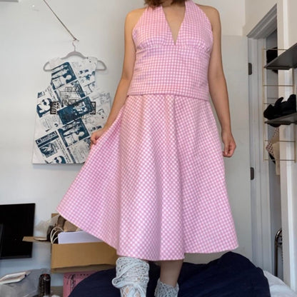 Prada wool pink gingham skirt and halter top set