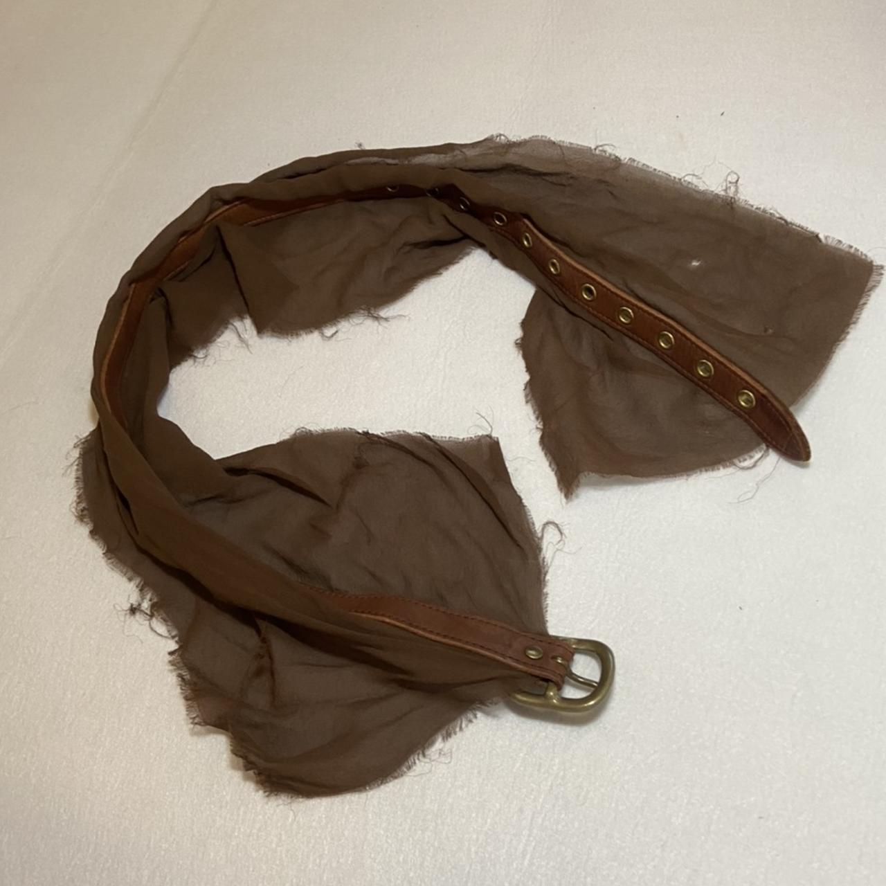 Mihara Yasuhiro brown leather belt with sheer torn hem fabric trim