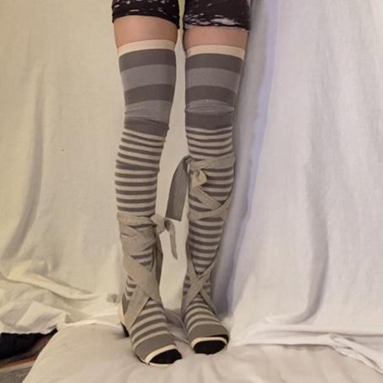 Tsumori Chisato taupe striped legwarmer style socks with metallic upper