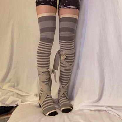 Tsumori Chisato taupe striped legwarmer style socks with metallic upper