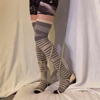 Tsumori Chisato taupe striped legwarmer style socks with metallic upper