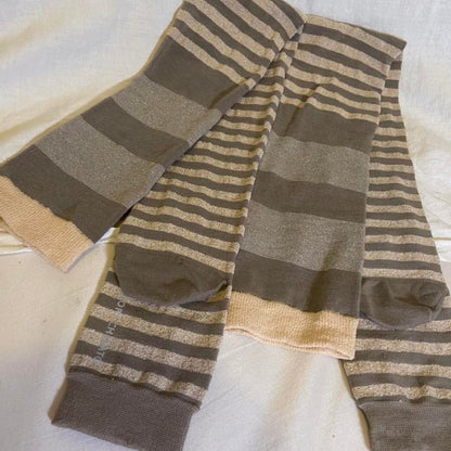 Tsumori Chisato taupe striped legwarmer style socks with metallic upper