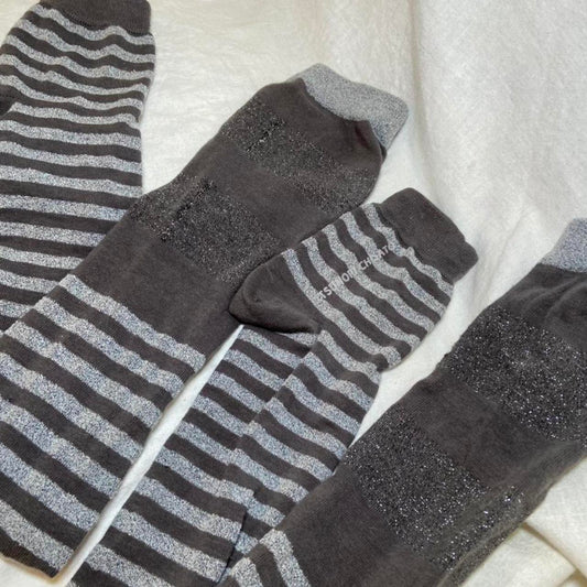 Tsumori Chisato grey striped legwarmer style socks with metallic upper bands