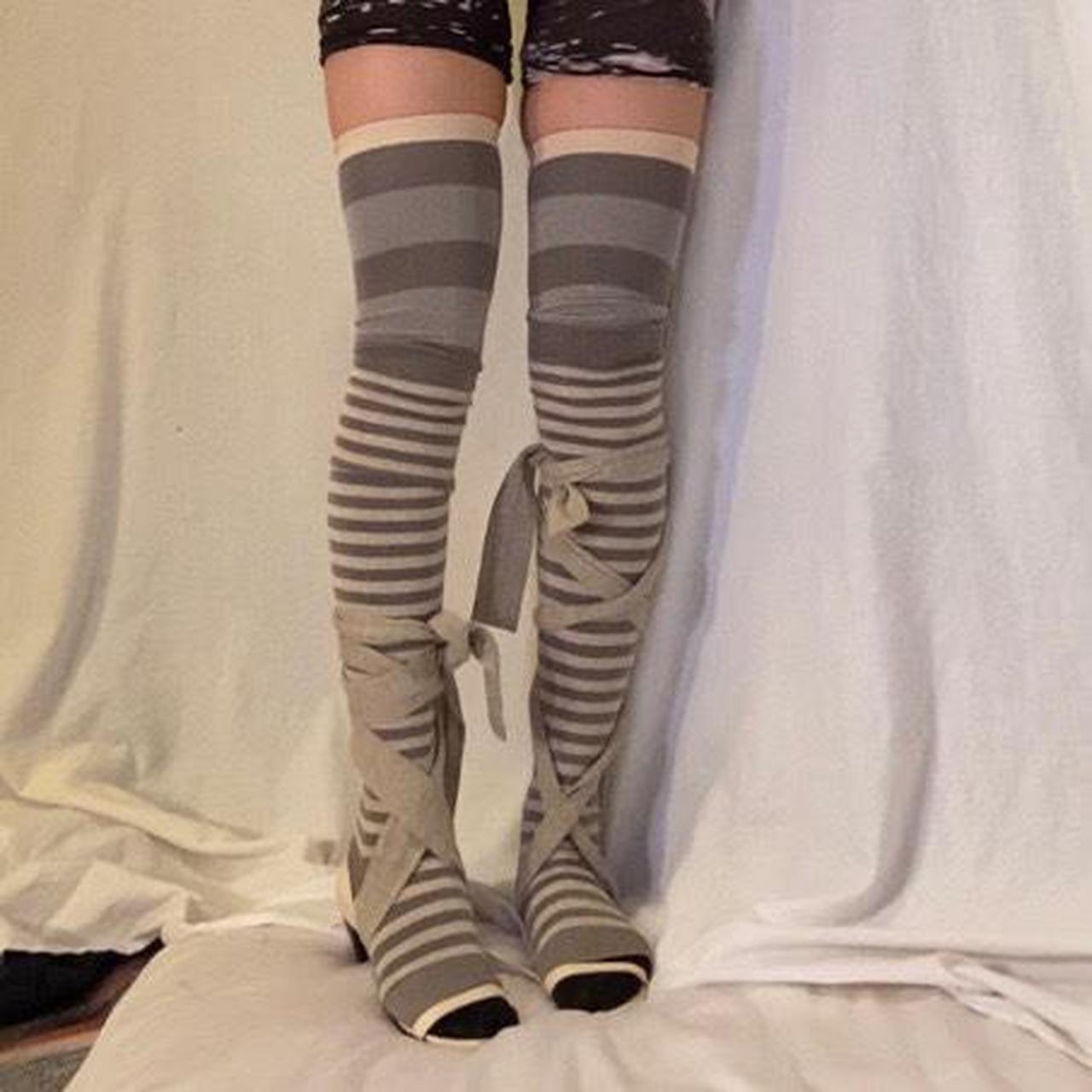 Tsumori Chisato grey striped legwarmer style socks with metallic upper bands