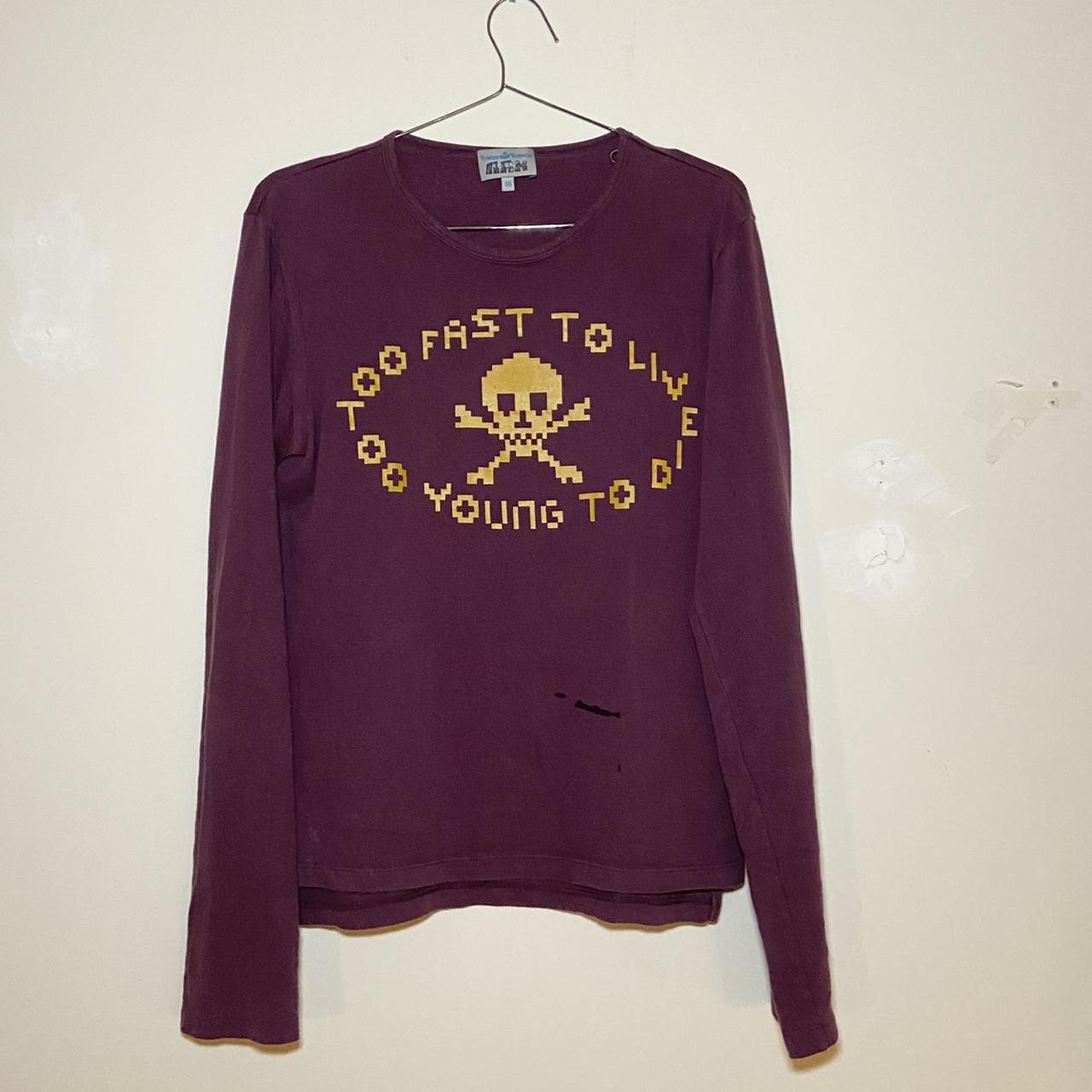 Vivienne Westwood man "Too Fast to Live Too Young to Die” maroon long sleeve t-shirt