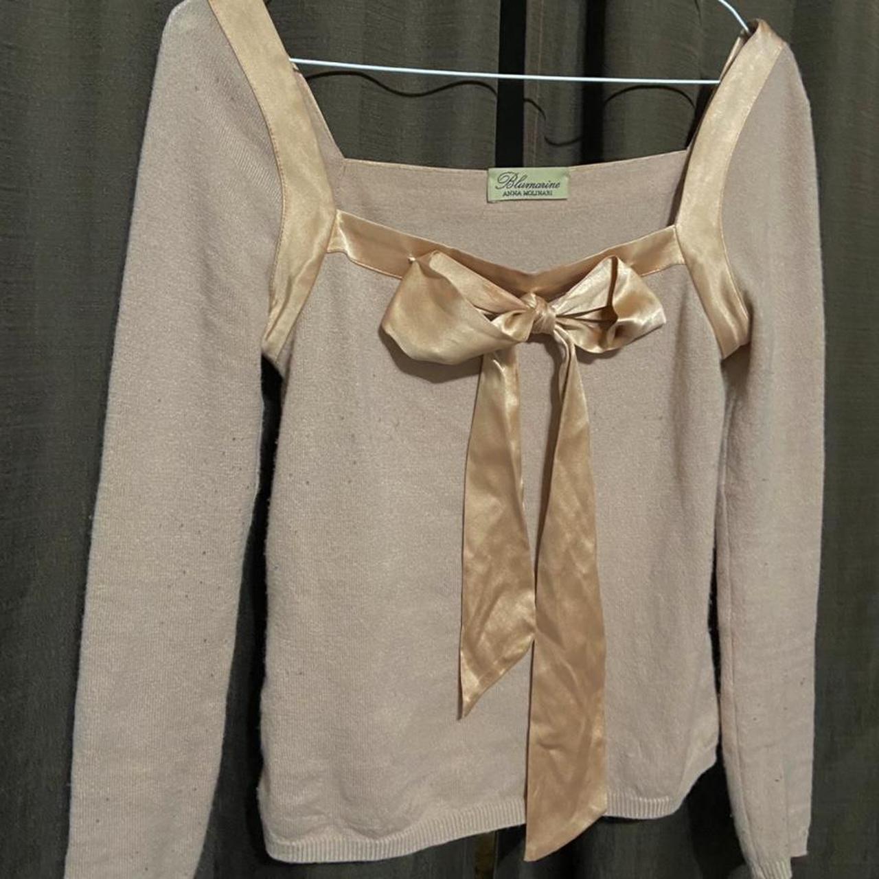 Blumarine ribbon trim bow square collar sweater top