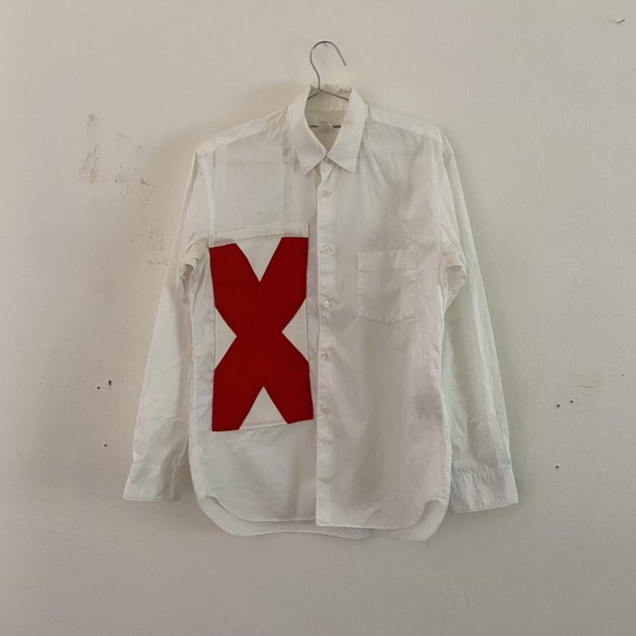 Comme des Garcons “Shirt” X panel graphic white cotton button up top