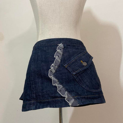 Alice Auaa asymmetrical pleated side dark wash denim mini skirt