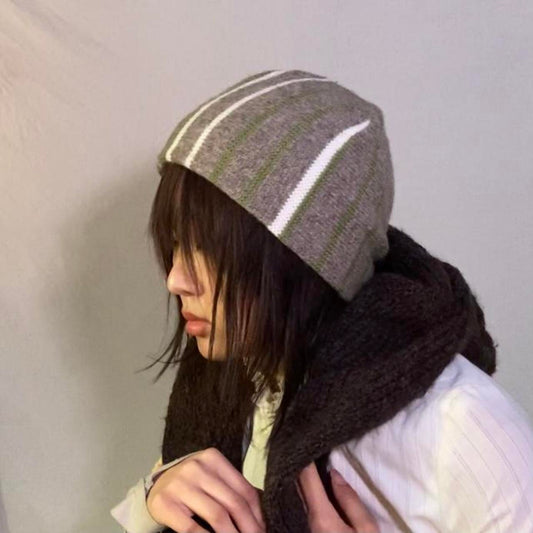 Milkboy grey knitted hat with white and green stripes