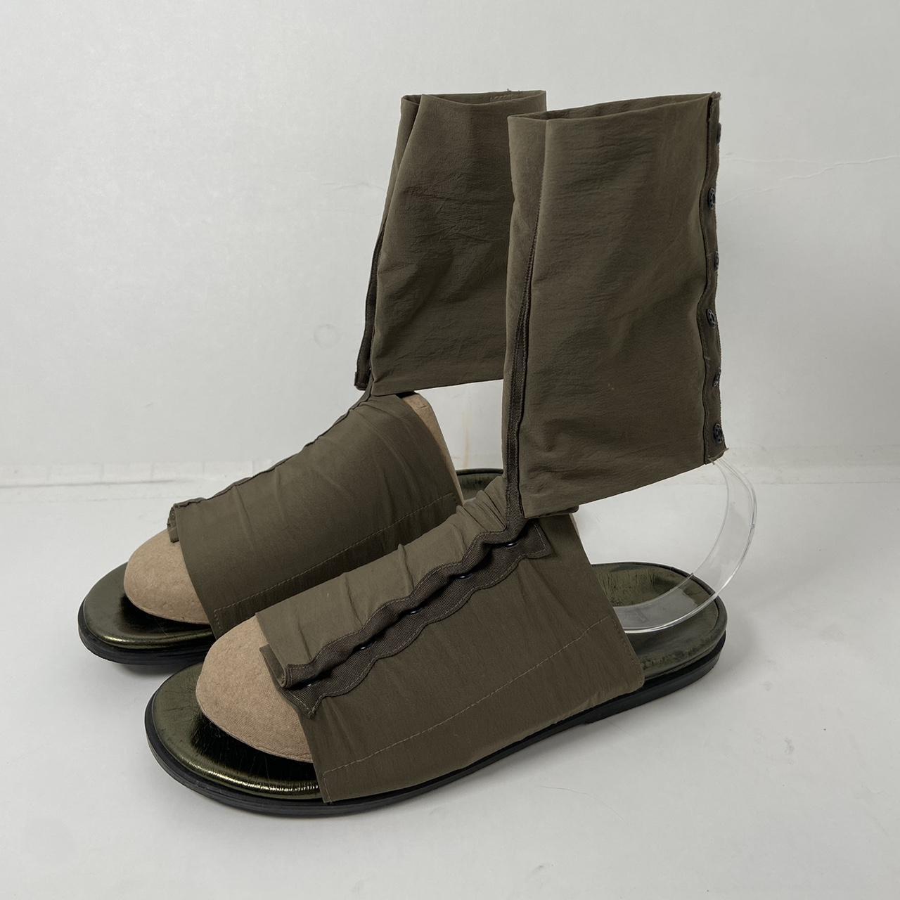 Issey Miyake hunter green snap button cuff cut-out sandal boots