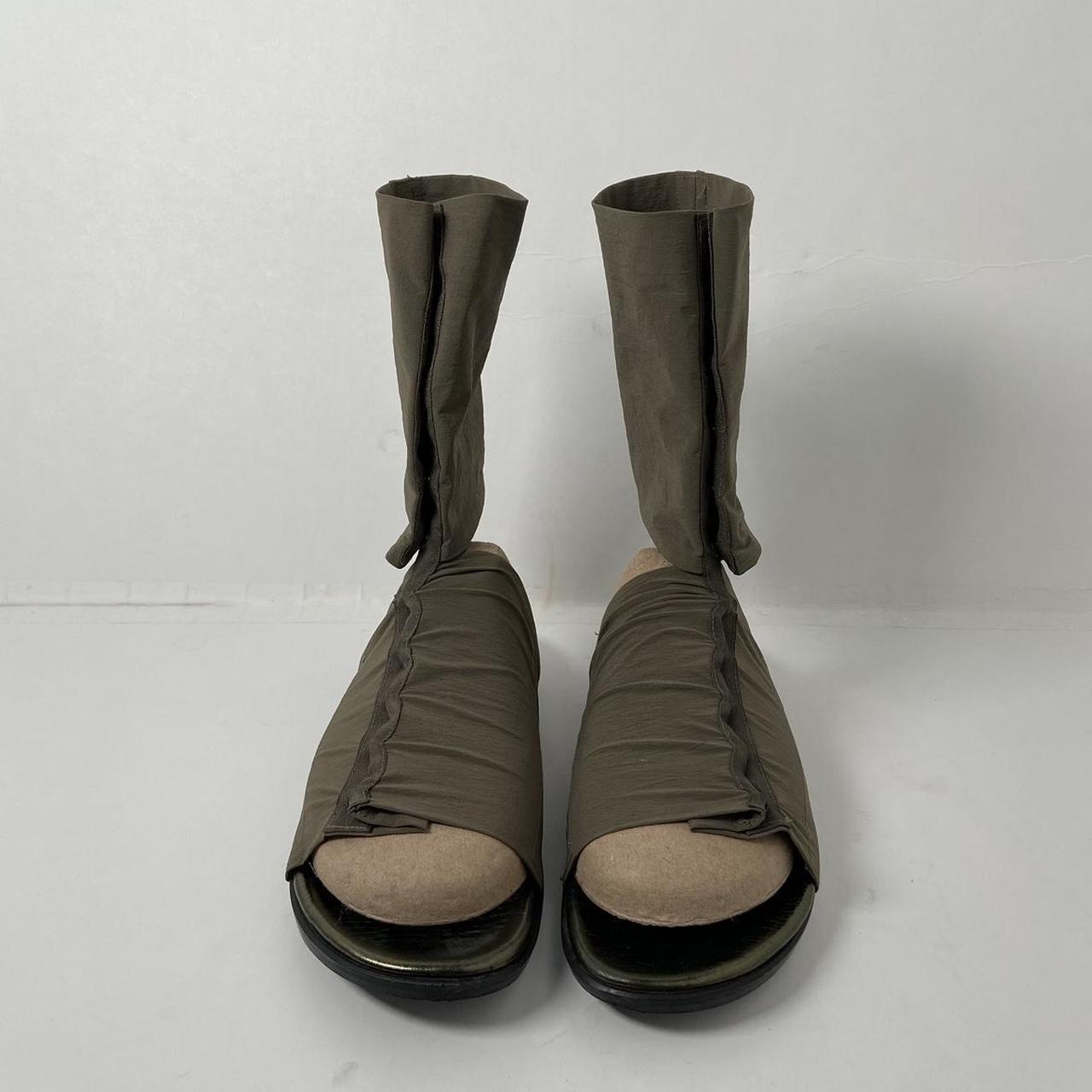 Issey Miyake hunter green snap button cuff cut-out sandal boots