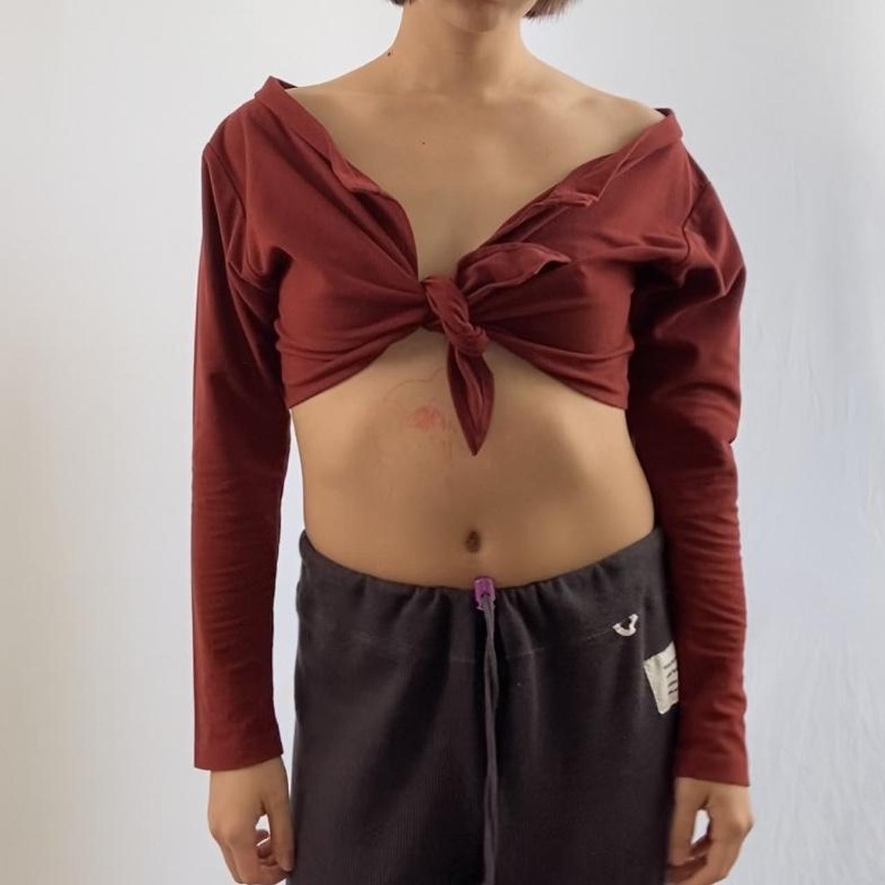 Norma Kamali faux-suede burgundy red tie-up knit cropped shrug