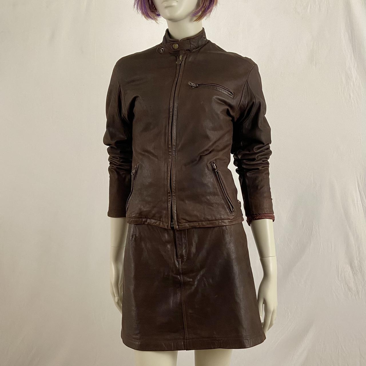 45rpm sheepskin dark brown soft insulated leather bomber jacket and skirt suit set