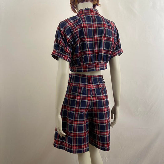 Comme des Garcons AD1990 red and blue tartan cropped jacket and shorts set