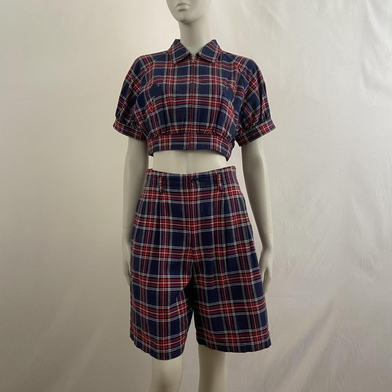 Comme des Garcons AD1990 red and blue tartan cropped jacket and shorts set