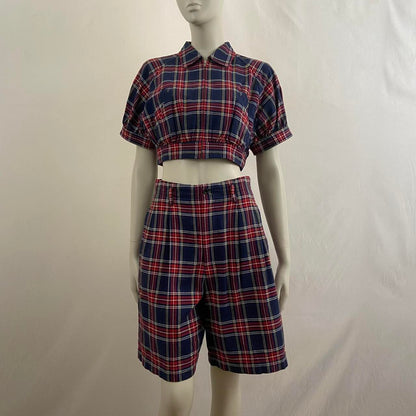 Comme des Garcons AD1990 red and blue tartan cropped jacket and shorts set