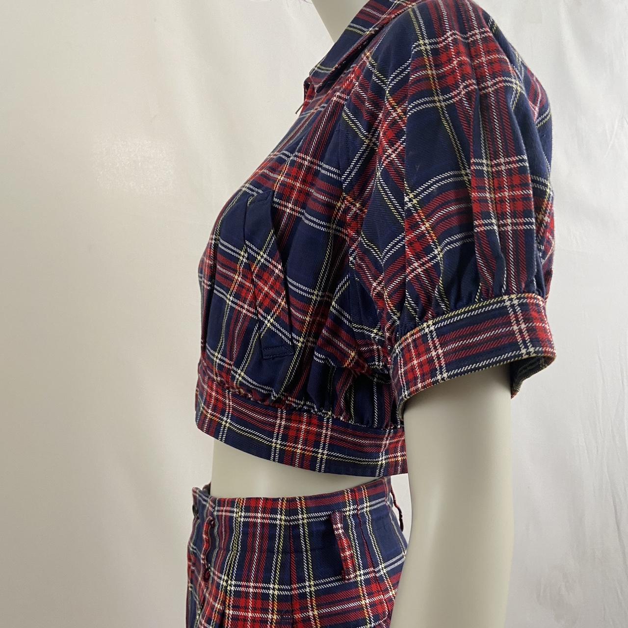 Comme des Garcons AD1990 red and blue tartan cropped jacket and shorts set