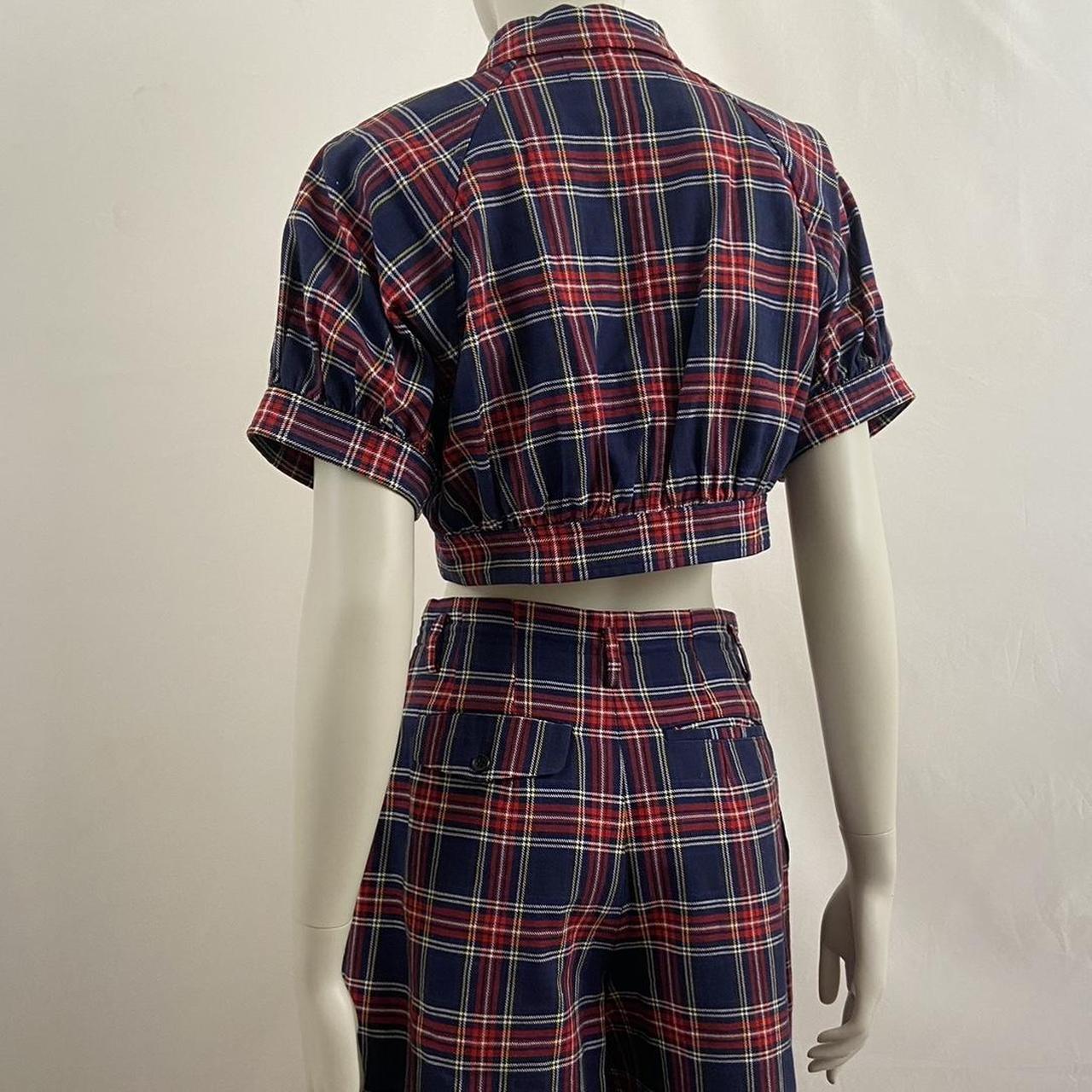 Comme des Garcons AD1990 red and blue tartan cropped jacket and shorts set