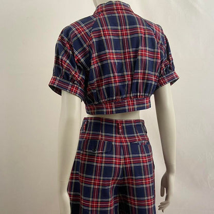 Comme des Garcons AD1990 red and blue tartan cropped jacket and shorts set