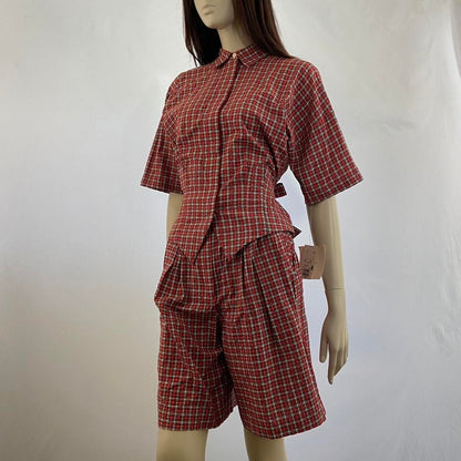 Norma Kamali cotton red and black tartan tie-back shorts and blouse set