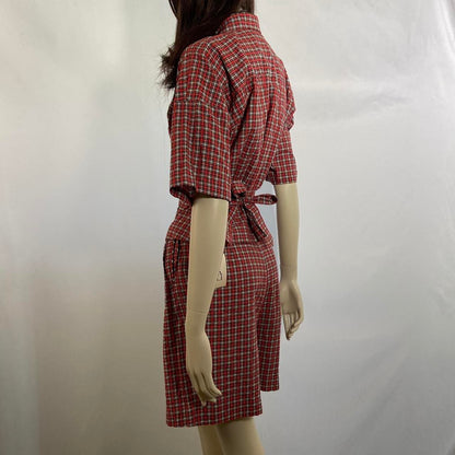 Norma Kamali cotton red and black tartan tie-back shorts and blouse set