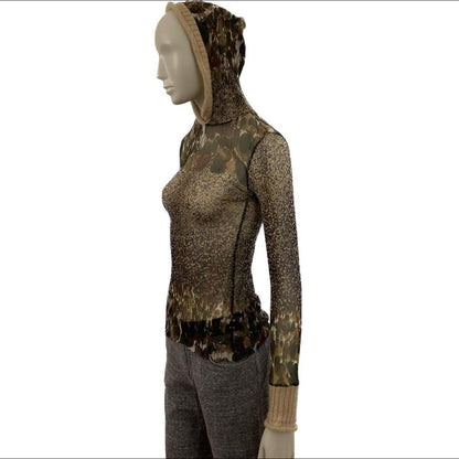 Jean-Paul Gaultier Classique mesh floral hooded top with knit ribbing detail