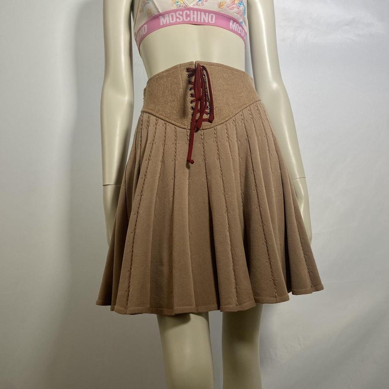 Undercover brown wool felt lace-up flare skirt with burgundy tie