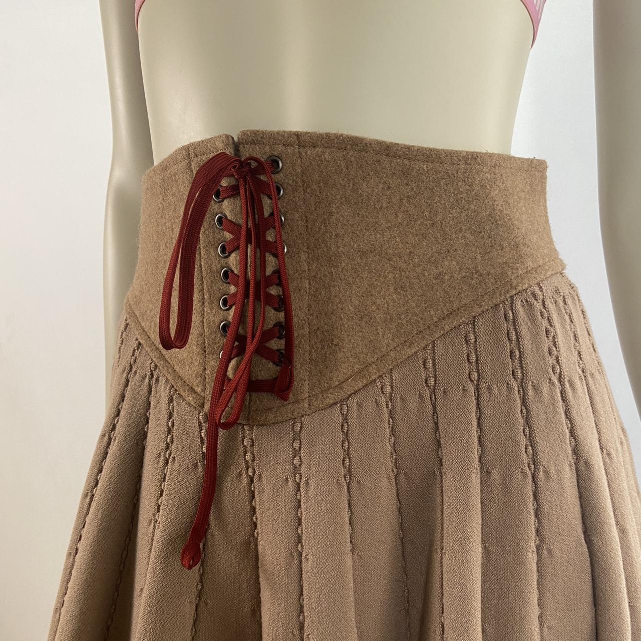 Undercover brown wool felt lace-up flare skirt with burgundy tie