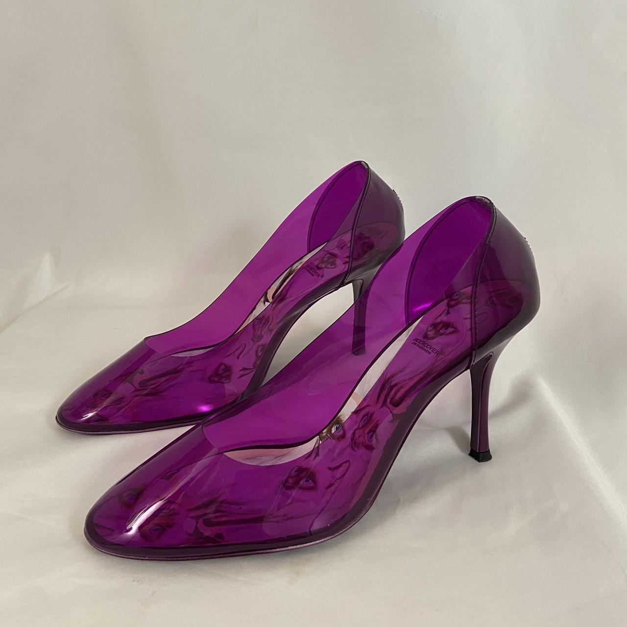 Undercover Purple clear vinyl heels with kitten sole print