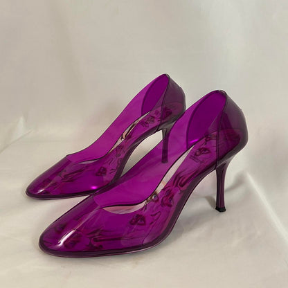 Undercover Purple clear vinyl heels with kitten sole print