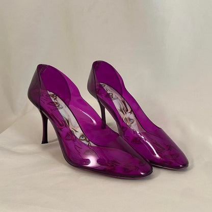 Undercover Purple clear vinyl heels with kitten sole print