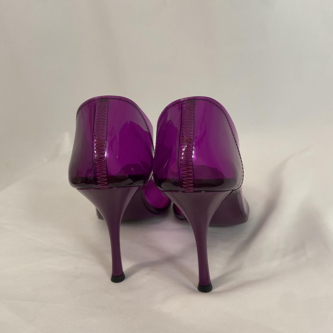 Undercover Purple clear vinyl heels with kitten sole print