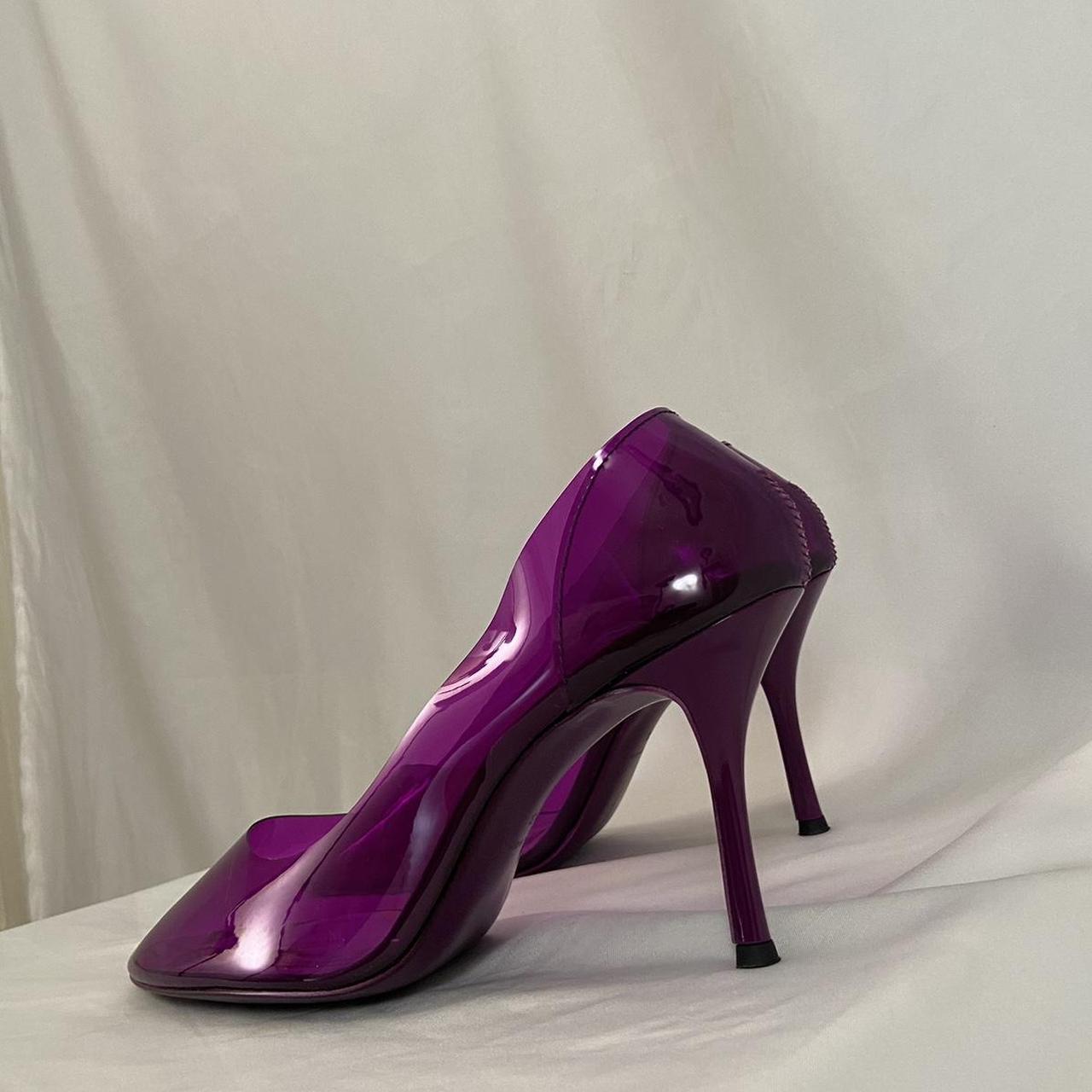 Undercover Purple clear vinyl heels with kitten sole print