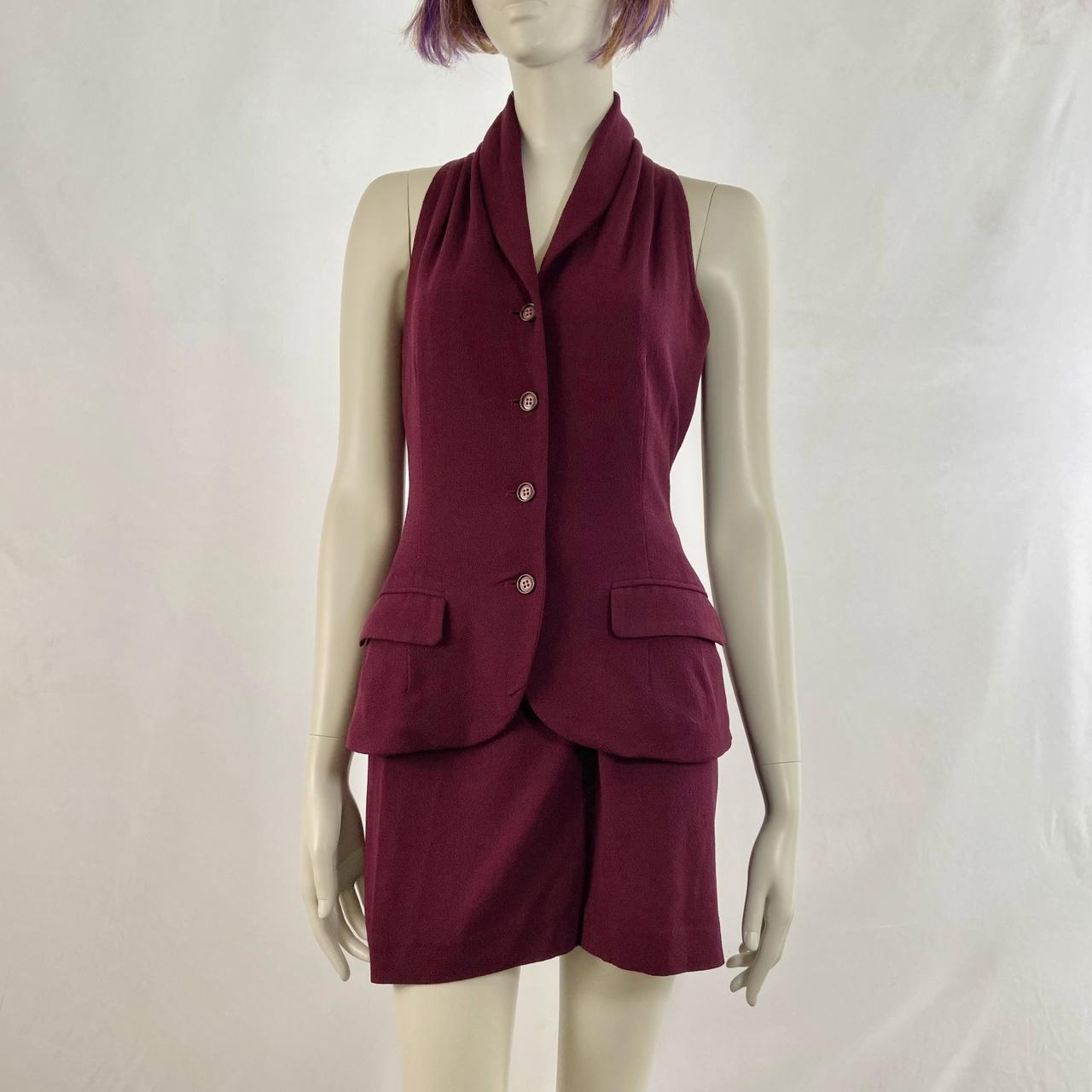 Katharine Hamnett maroon red chiffon wool button up sleeveless blazer and wrap tie-up skirt set