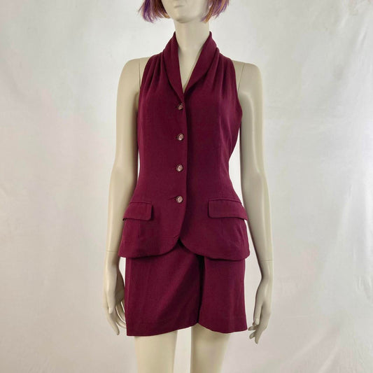 Katharine Hamnett maroon red chiffon wool button up sleeveless blazer and wrap tie-up skirt set