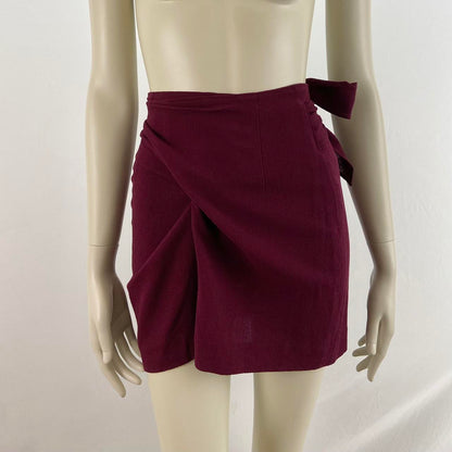 Katharine Hamnett maroon red chiffon wool button up sleeveless blazer and wrap tie-up skirt set