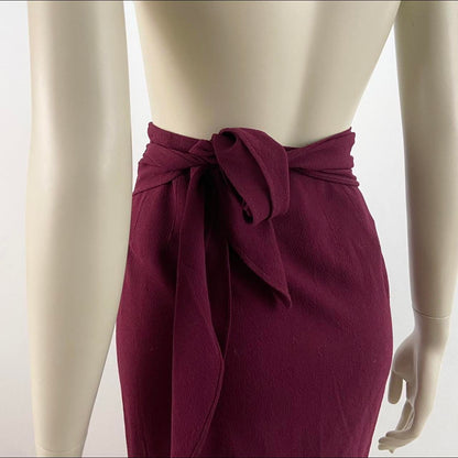 Katharine Hamnett maroon red chiffon wool button up sleeveless blazer and wrap tie-up skirt set