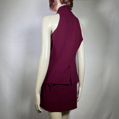 Katharine Hamnett maroon red chiffon wool button up sleeveless blazer and wrap tie-up skirt set