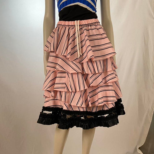 Comme des Garcons pink striped tiered dress with black lace ruffle trim