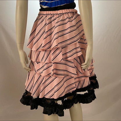 Comme des Garcons pink striped tiered dress with black lace ruffle trim