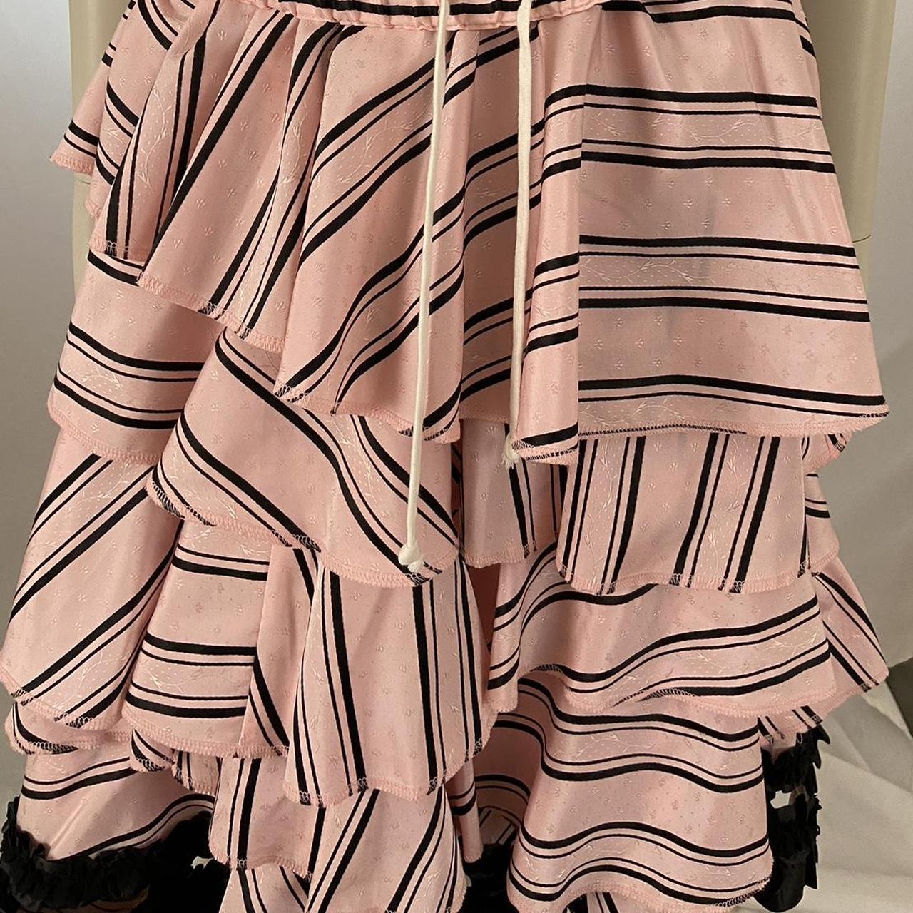 Comme des Garcons pink striped tiered dress with black lace ruffle trim