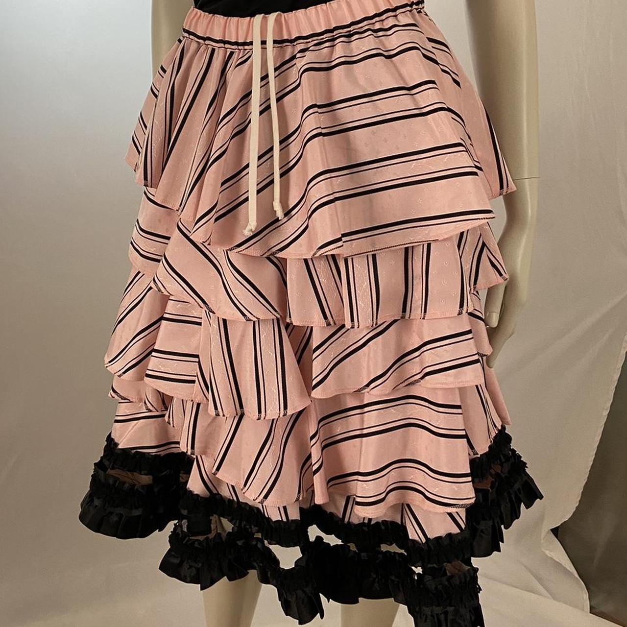 Comme des Garcons pink striped tiered dress with black lace ruffle trim