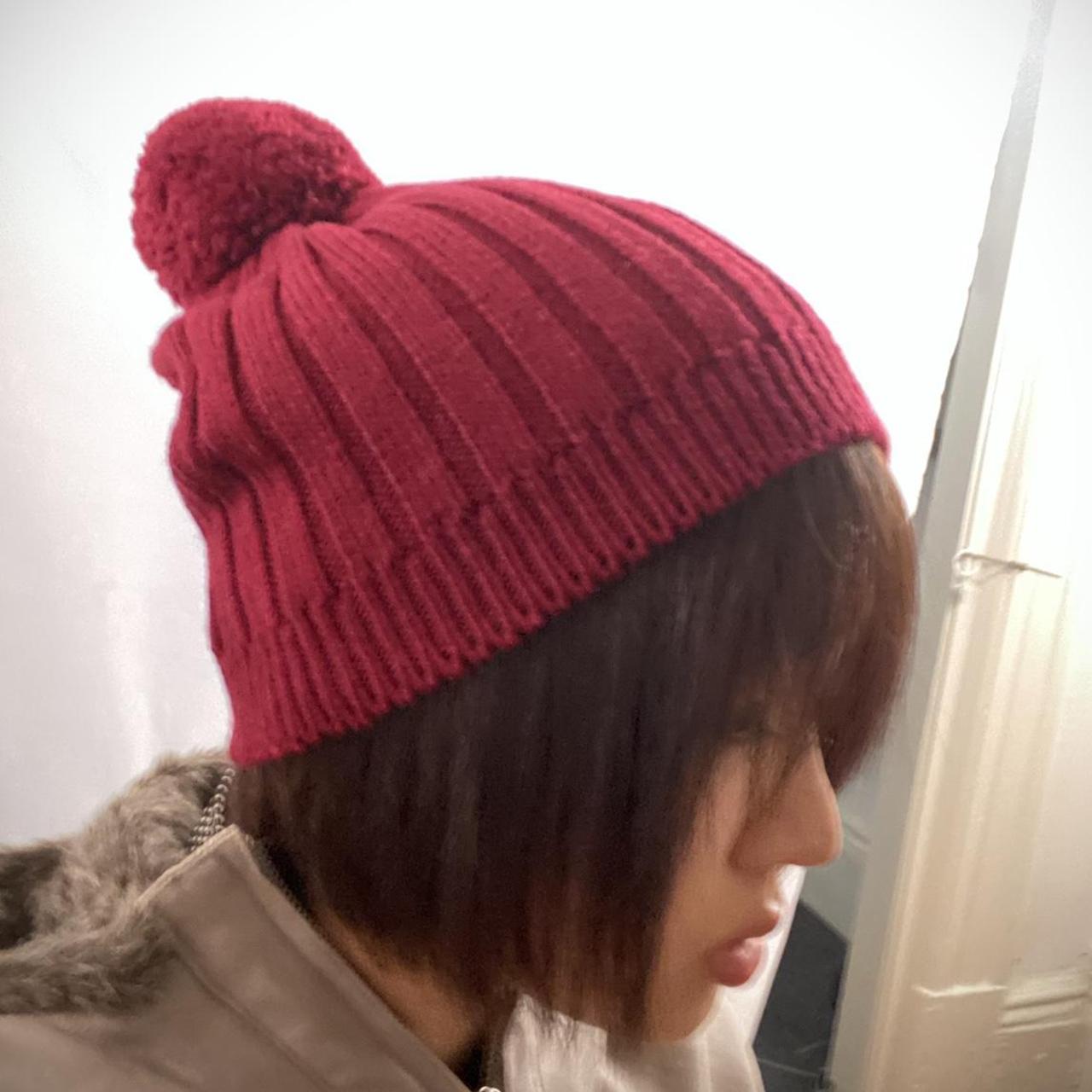 Jean-Paul Gaultier dark red puffball beanie