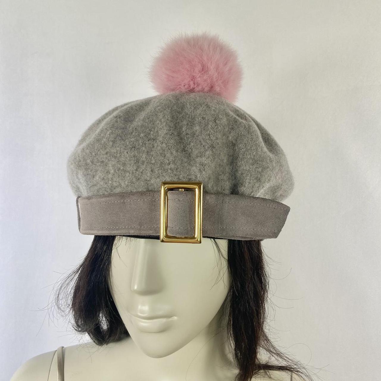 Swankiss pink puffball grey wool beret hat