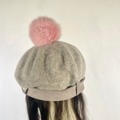 Swankiss pink puffball grey wool beret hat